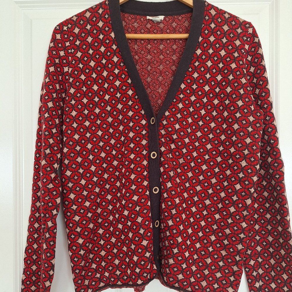 Fossil Red Patterned Button-Front Cardigan with Black Trim